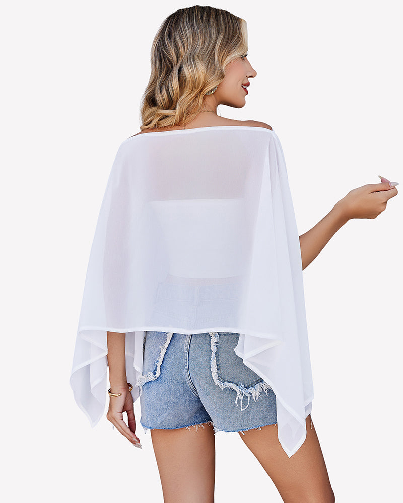 Off-shoulder chiffon blouse, white cape batwing sleeves, back drape
