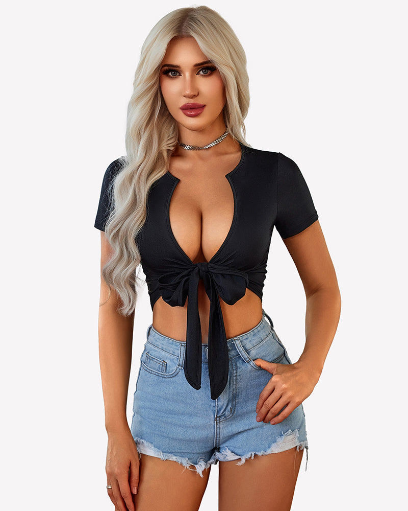 Black tie-front crop top with short sleeves and center knot