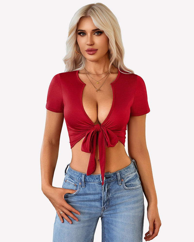 Red tie-front crop top with short sleeves and deep V neckline