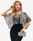 Leopard chiffon cape wrap bolero with keyhole front and flutter sleeves over black dress