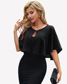 Black chiffon shawl wrap cape with short flutter sleeves and neckline cutout