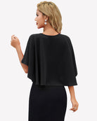 Black chiffon shawl wrap cape with draped short sleeves, back view