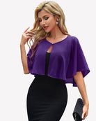 Purple chiffon cape wrap bolero with keyhole front and flutter sleeves over black dress