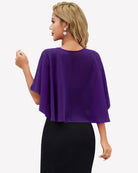 Purple chiffon shawl wrap cape with short draped sleeves, back view