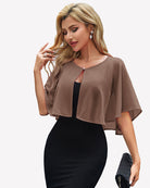 Brown chiffon cape wrap bolero with keyhole front and draped flutter sleeves over black dress