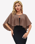 Brown chiffon cape wrap bolero with keyhole front and flutter sleeves over black dress