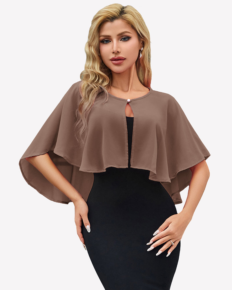 Brown chiffon cape wrap bolero with keyhole front and flutter sleeves over black dress