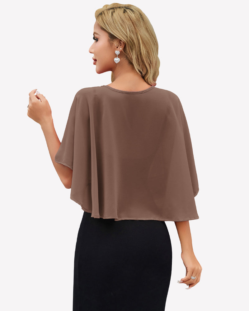 Brown chiffon cape wrap bolero with back coverage and flutter sleeves over black dress