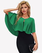 Green chiffon shawl wrap cape with short flutter sleeves and center tie