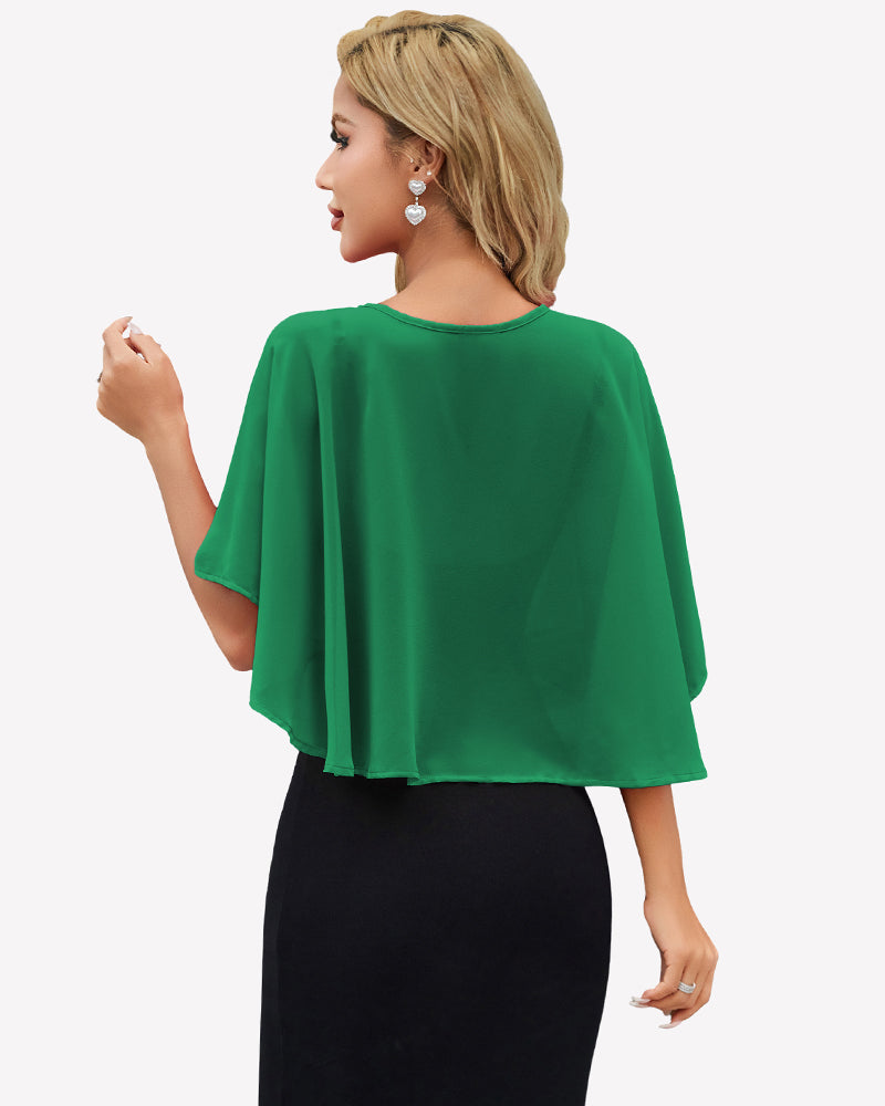 Green chiffon shawl wrap cape with draped short sleeves, back view