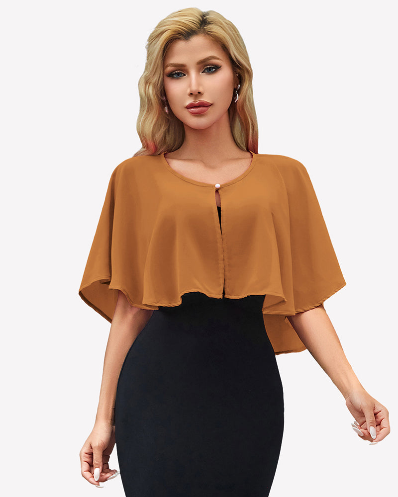 Orange-brown chiffon cape wrap bolero with keyhole front and flutter sleeves over black dress