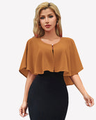 Orange-brown chiffon cape wrap bolero with keyhole front and flutter sleeves over black dress