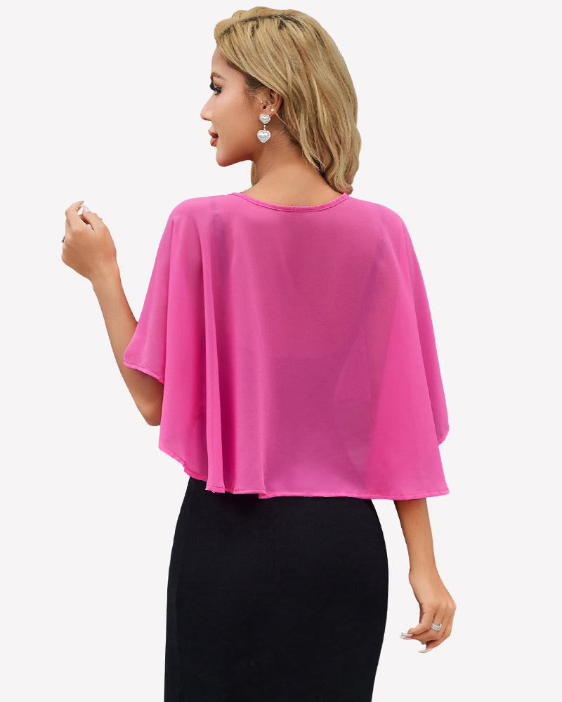 Pink chiffon cape wrap bolero with back coverage and flutter sleeves over black dress