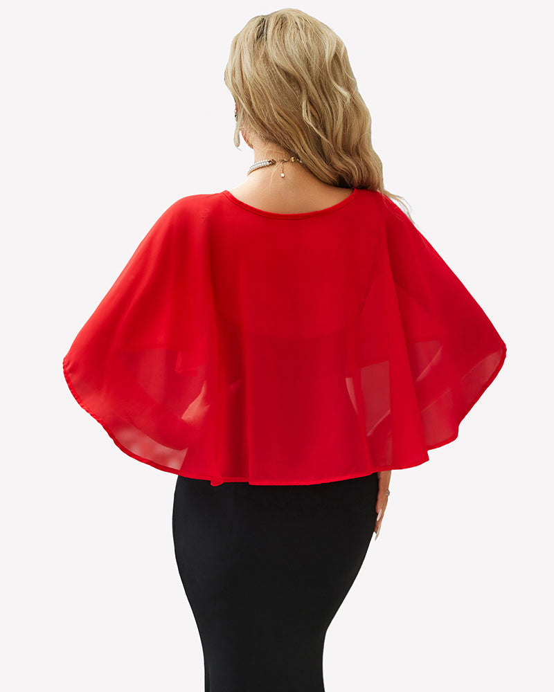 Red chiffon shawl wrap cape with flowy flutter back and short sleeves