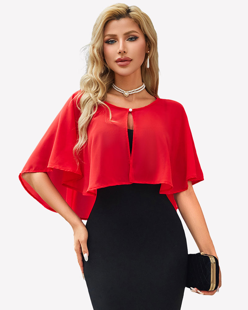 Red chiffon shawl wrap cape with short flutter sleeves and neckline tie