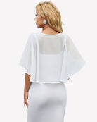 White chiffon shawl wrap cape with draped short sleeves, back view