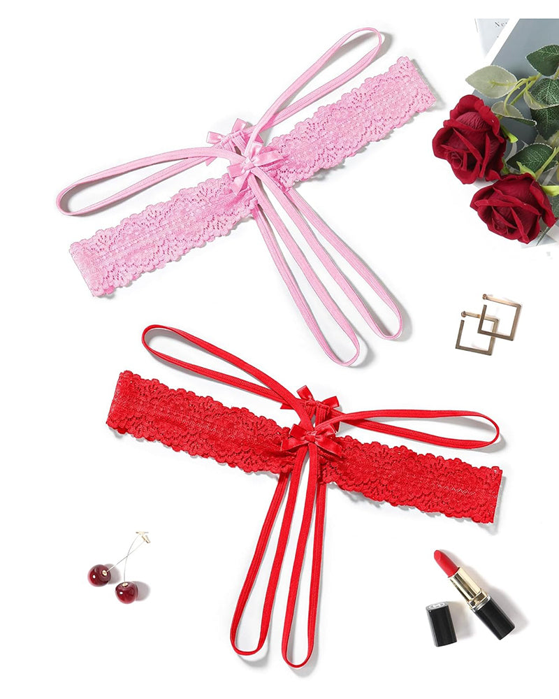 Lace hollow-out thong G-string set: light pink and red scalloped lace bow ties