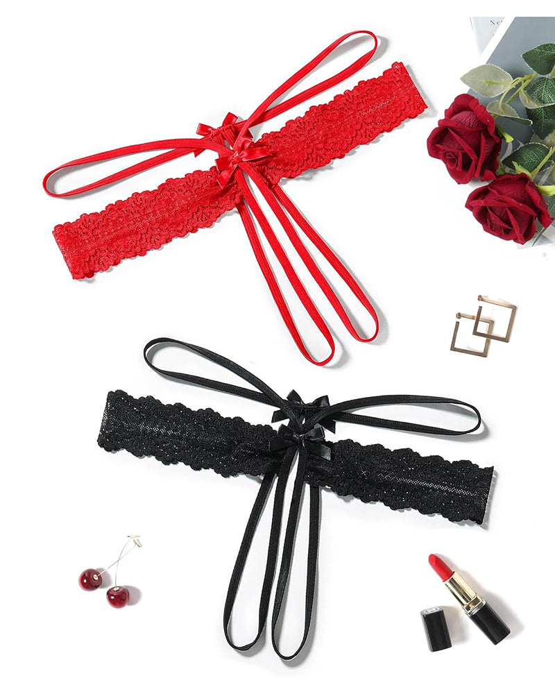 Lace hollow-out thong G-string set: red and black scalloped lace bow ties