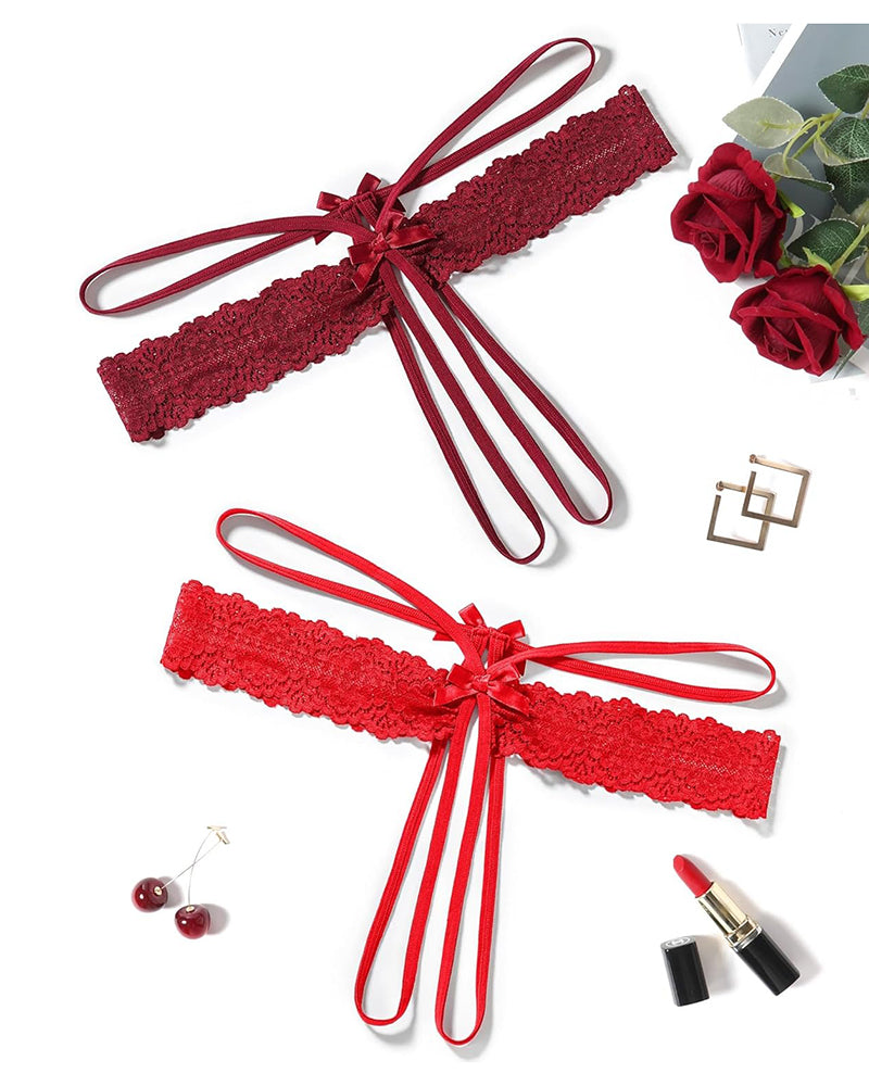 Red lace hollow-out thong g-string underwear with bow-tie front
