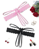 Lace hollow-out thong G-string set: pink and black scalloped lace bow ties