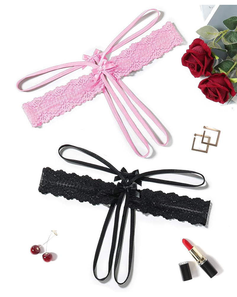 Lace hollow-out thong G-string set: pink and black scalloped lace bow ties