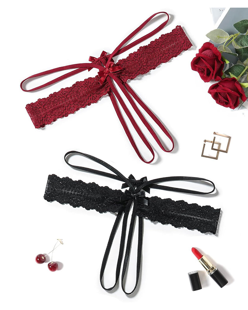 Lace hollow-out thong G-string set: red and black scalloped lace bow ties