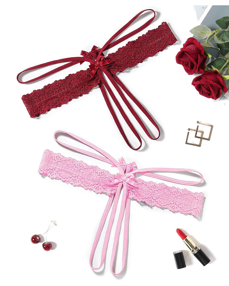 Lace hollow-out thong G-string set: dark red and light pink scalloped lace bow ties