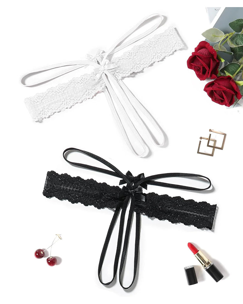 Lace hollow-out thong G-string set: white and black scalloped lace bow ties