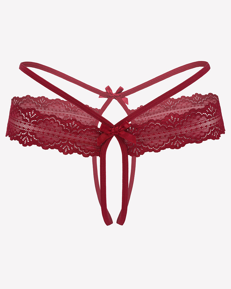 Wine-red lace hollow-out thong g-string with bow and tie straps, flat lay