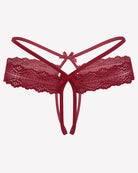 Wine-red lace hollow-out thong g-string with bow and tie straps, flat lay