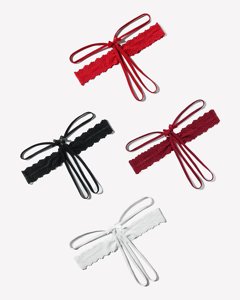 Lace hollow-out thong G-string set: red, black, and white scalloped lace bow ties