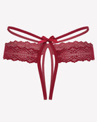 Wine-red lace hollow-out thong g-string with bow and tie straps, front view