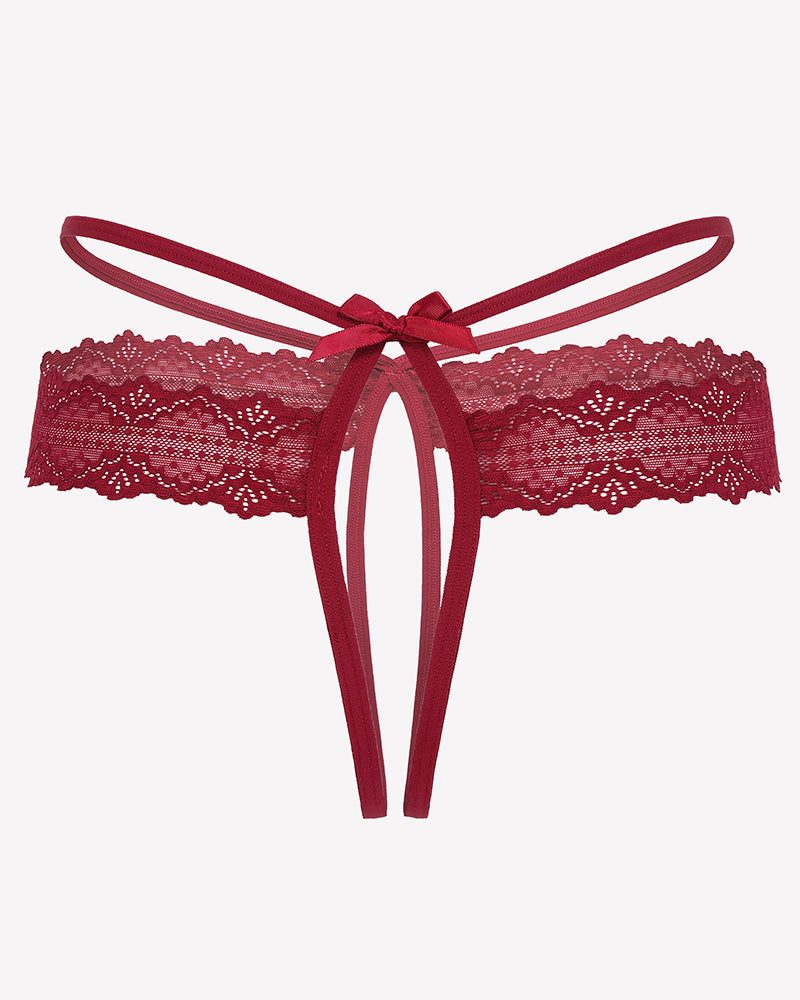 Wine-red lace hollow-out thong g-string with bow and tie straps, front view