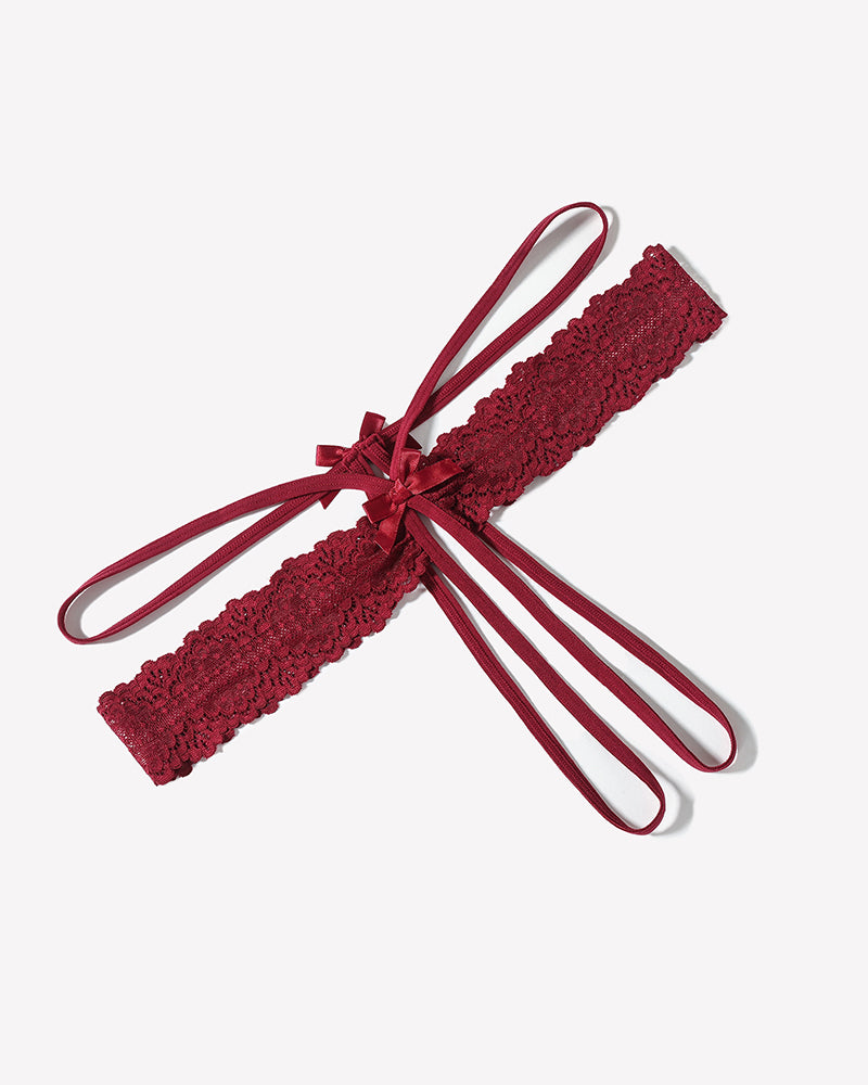 Wine-red lace hollow-out thong g-string with bow ties and scalloped lace edge