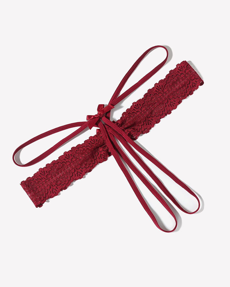 Wine-red lace hollow-out thong g-string with bow ties and scalloped lace edge