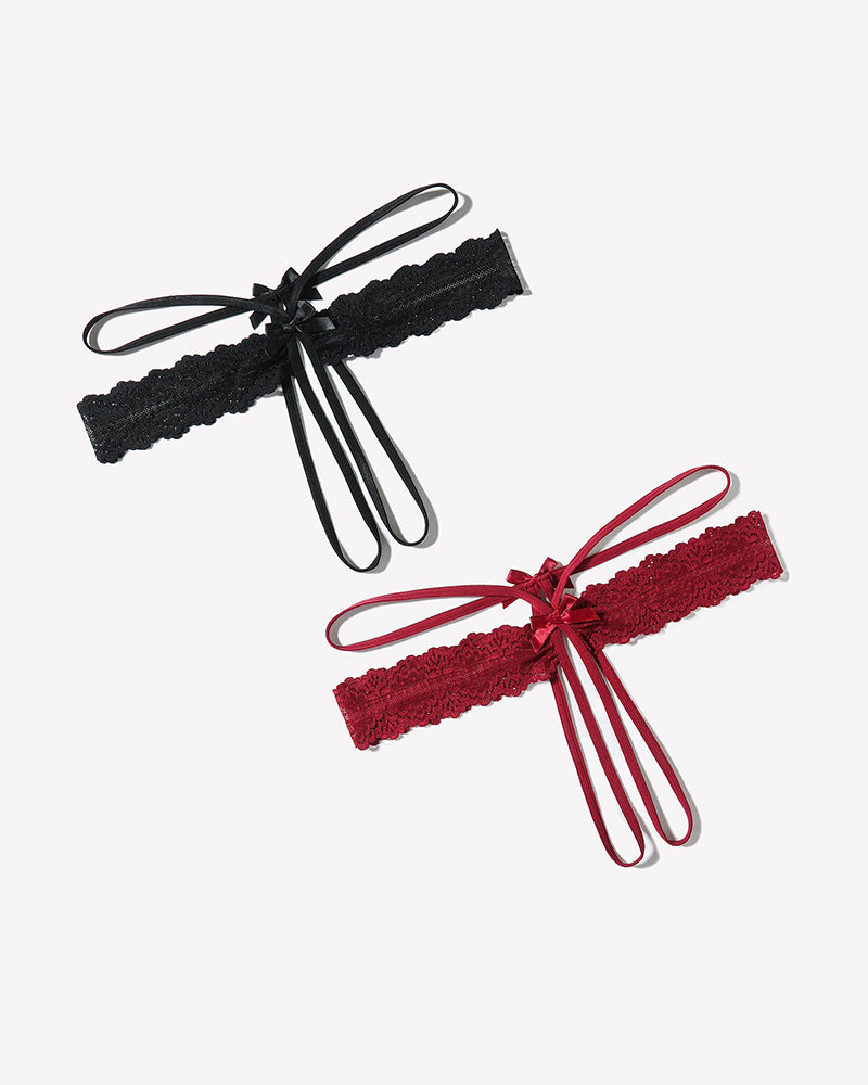 Lace hollow-out thong g-string underwear with bow ties, black and red pair