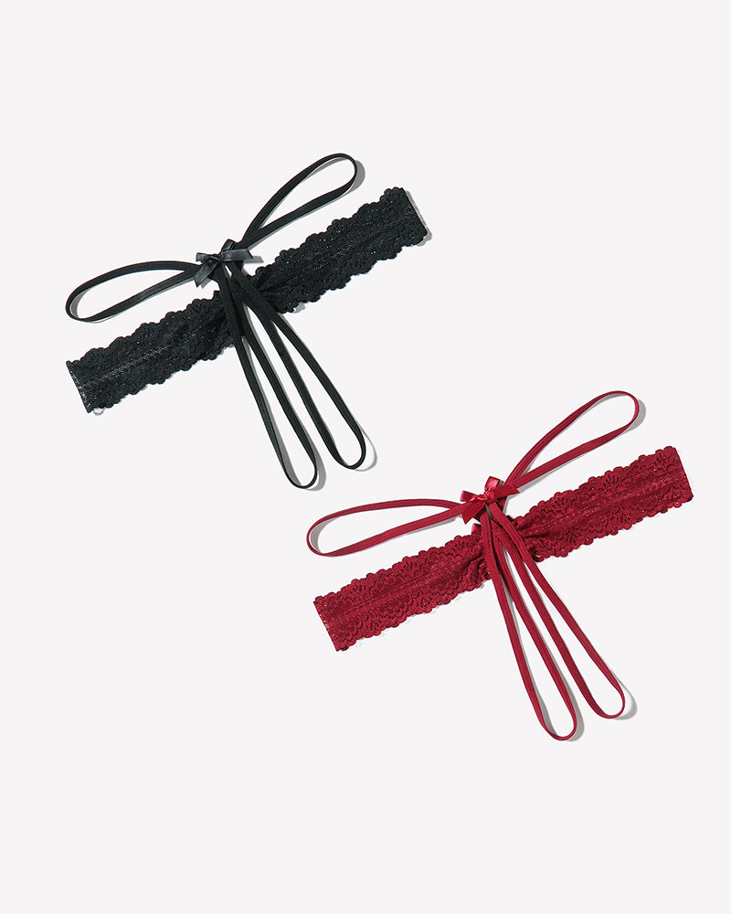 Lace hollow-out thong g-string underwear with bow ties, black and red pair