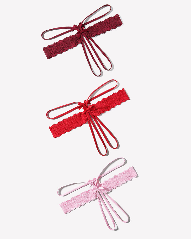 Lace hollow-out thong G-string, burgundy/red bow tie with long string accents