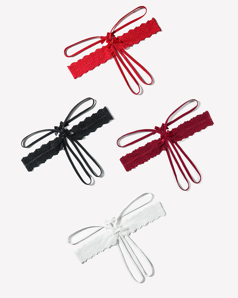 Lace hollow-out thong G-string set: red, black, and white bow-tie lace bands