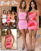 2-piece skirt set halter crop top and bodycon mini skirt, pink floral pattern