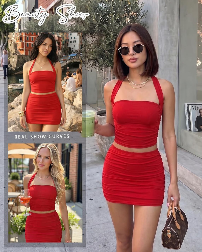 Red halter mesh crop top and bodycon mini skirt set with ruched waist