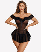 Black sheer mesh chemise with ruffle neckline and V-neck front