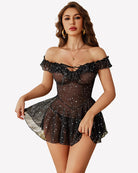 Black sheer mesh chemise with ruffle off-shoulder neckline and V-neck detail