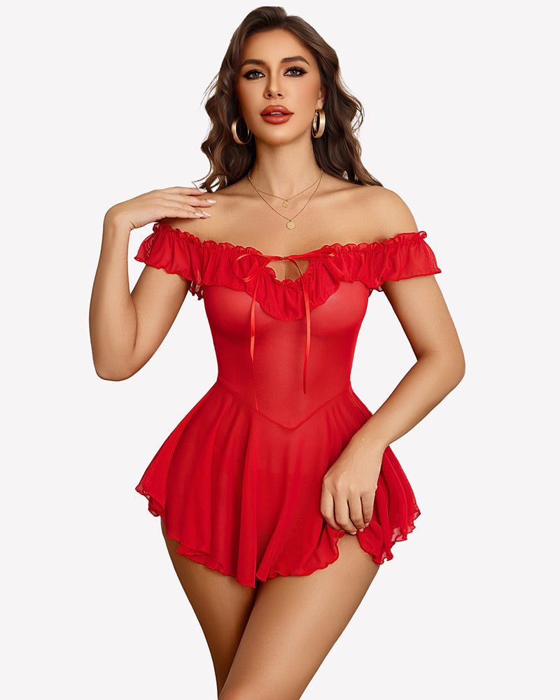 Red sheer mesh chemise with ruffle off-shoulder neckline and short flared skirt