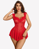 Red sheer mesh chemise with ruffle neckline and V-neck front detail