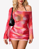Red-pink ombre off-shoulder sheer bodycon mini dress with long sleeves and ruched skirt