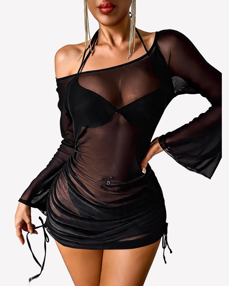 Black sheer off-shoulder bodycon mini dress with long flared sleeves and ruched drawstring sides