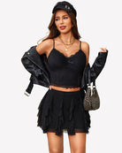 Black layered ruffle mesh mini skirt with tiered flounce skirt panel