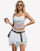 White lace crop top and mini skirt set with spaghetti straps and ruched bodice
