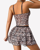 Leopard print two-piece lounge set with crisscross back cami top and tiered mini skirt